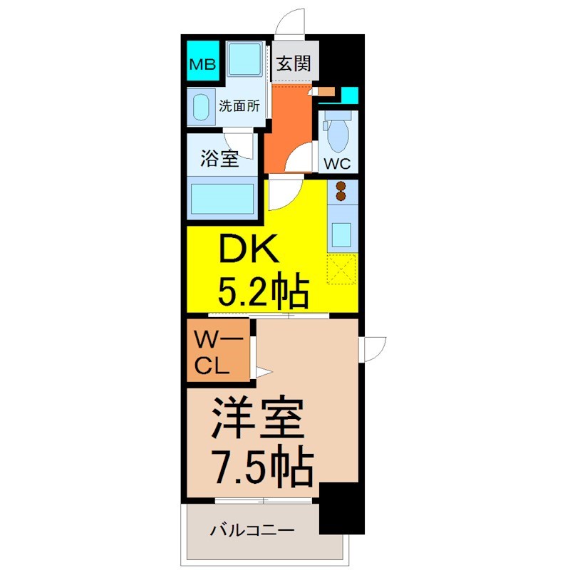 パティオ・エスペランサ 間取図　ＤＫ5.2帖　洋室7.5帖　脱衣洗面所　バルコニー