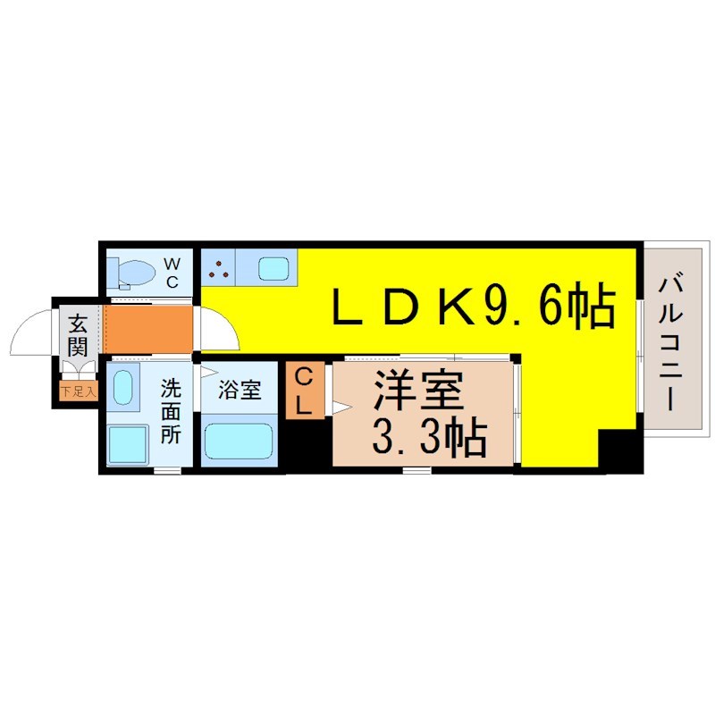 ＬａＢｒｅａ　Ｙａｇｕｍａ（ラブレアヤグマ） 間取図　ＬＤＫ9.6帖　洋室3.3帖　脱衣洗面所　バルコニー