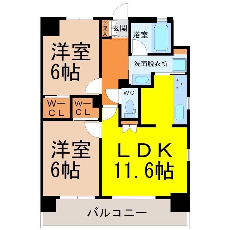 シュライン樹館 間取図　ＬＤＫ11.6帖　脱衣洗面所　南面バルコニー