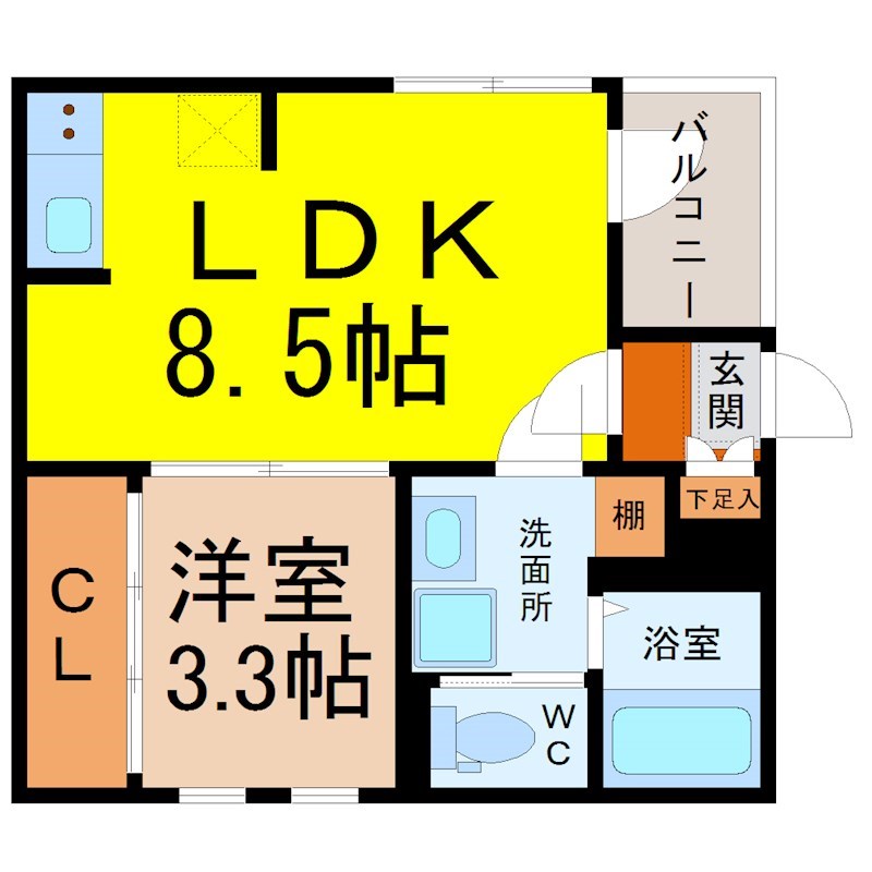 ロイヤルテラス東海通 間取図　ＬＤＫ8.5帖　洋室3.3帖　脱衣洗面所　バルコニー