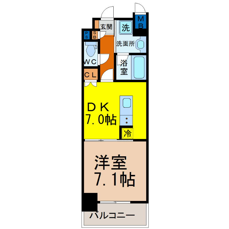 ＩＡＲＩＭ新瑞橋 間取図　ＤＫ7帖　洋室7.1帖　脱衣洗面所　南面バルコニー