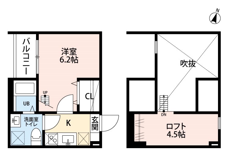リヴェール小幡南 間取図　洋室6.2帖　ロフト4.5帖　脱衣洗面所　バルコニー