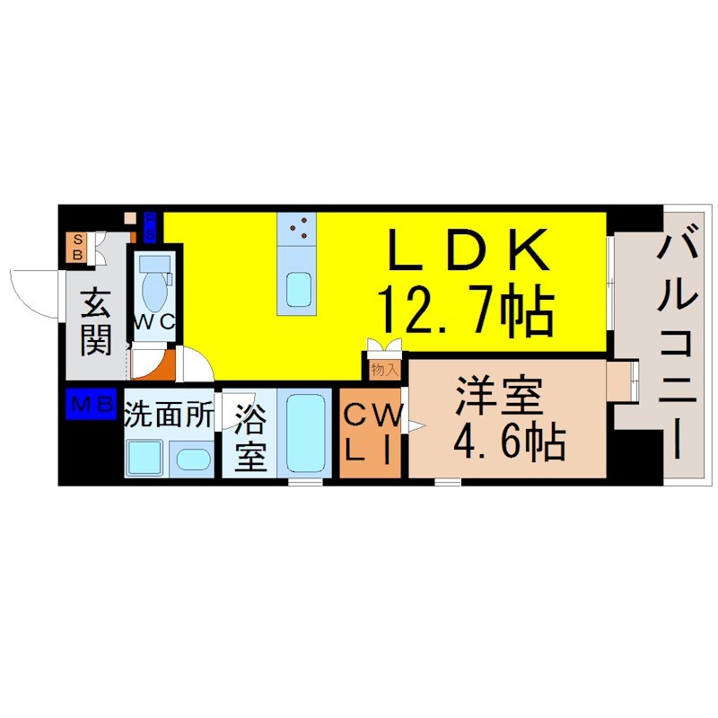Makiki garden place（マキキガーデンプレイス） 間取図　ＬＤＫ12.7帖　洋室4.6帖　脱衣洗面所