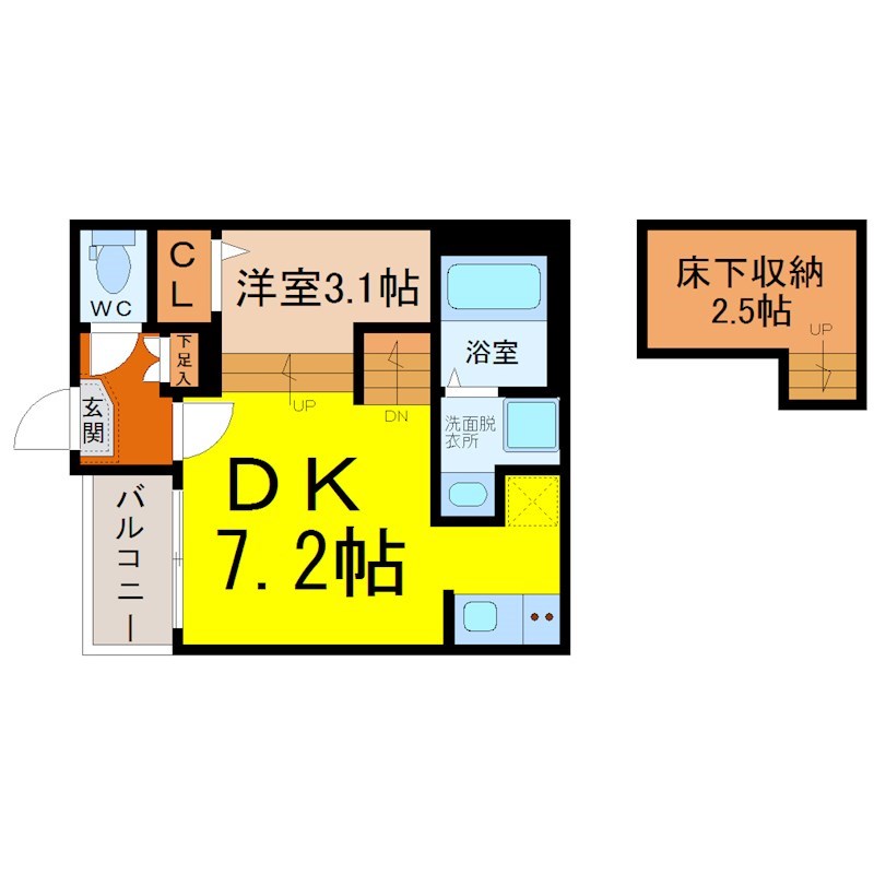 （仮称）熱田区大宝四丁目②Ａ新築アパート 間取図　ＤＫ7.2帖　洋室3.1帖　床下収納2.5帖