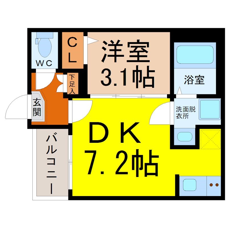（仮称）熱田区大宝四丁目②Ａ新築アパート 間取図　ＤＫ7.2帖　洋室3.1帖　脱衣洗面所