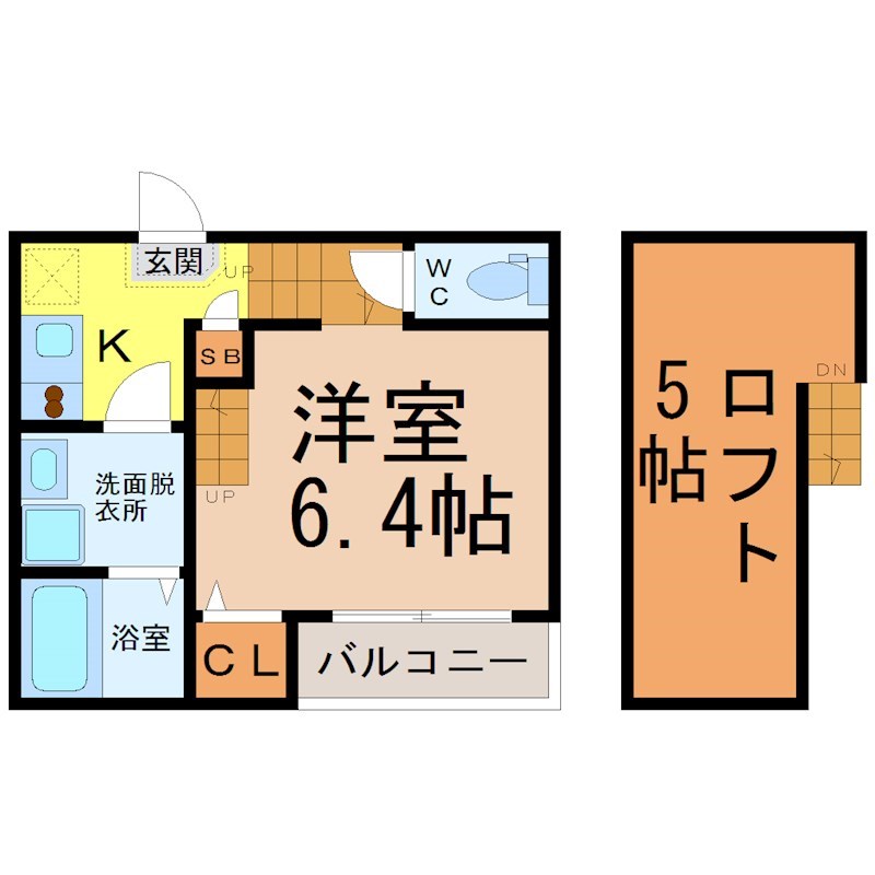 メゾンプレジール 間取図　洋室6.4帖　ロフト5帖　脱衣洗面所　バルコニー