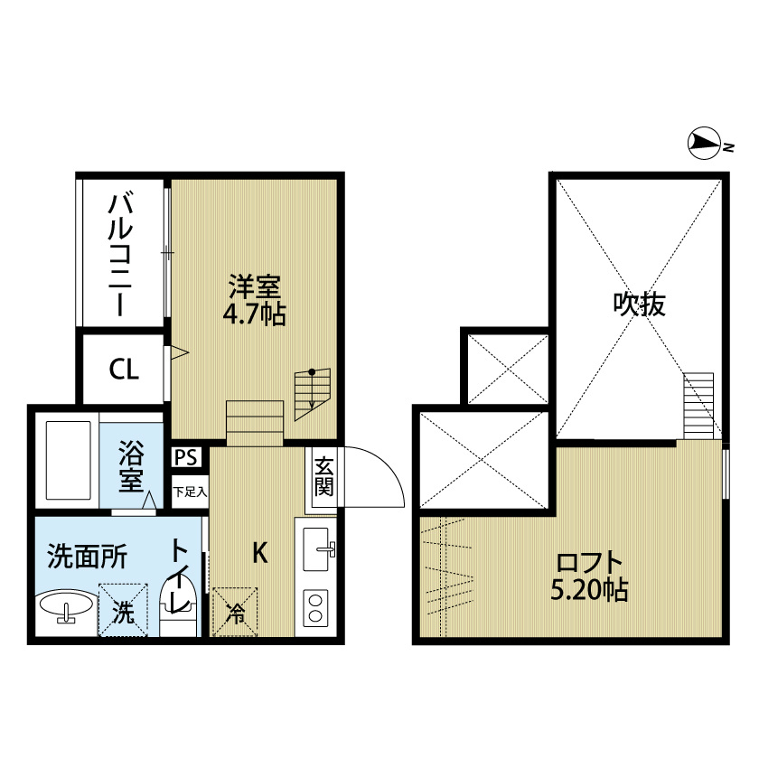 Ｓｏｌｅａ（ソレア）  間取図　洋室4.7帖　ロフト5.2帖　脱衣洗面所　バルコニー