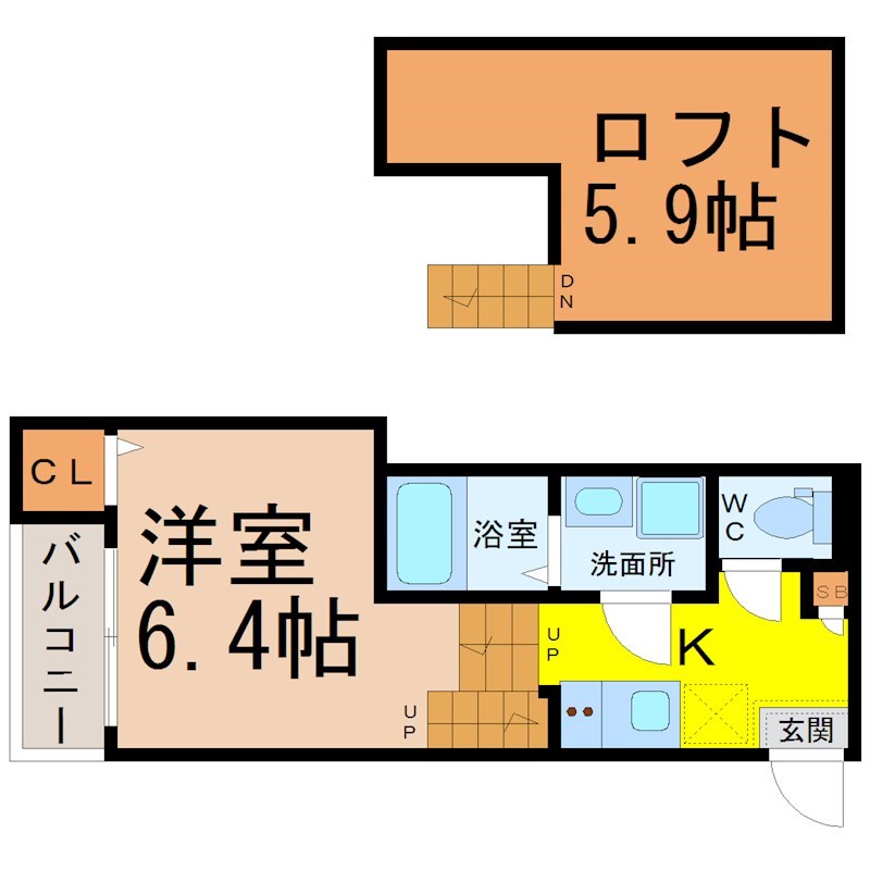 コンフォートうたたね 間取図　洋室6.4帖　ロフト5.9帖　脱衣洗面所　バルコニー