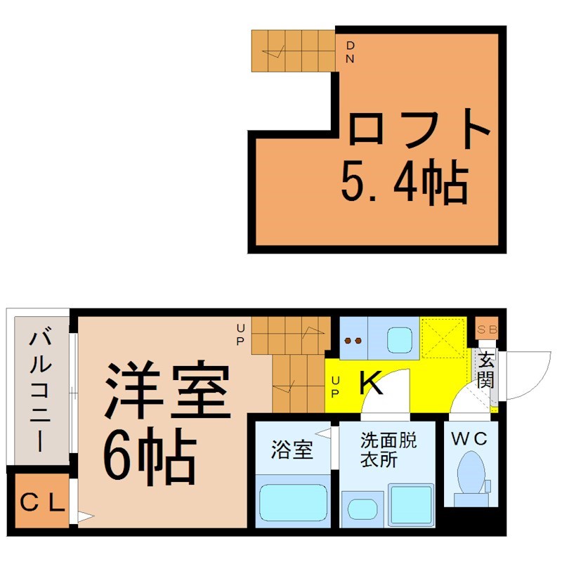 コンフォートうたたね 間取図　洋室6帖　ロフト5.4帖　脱衣洗面所　バルコニー