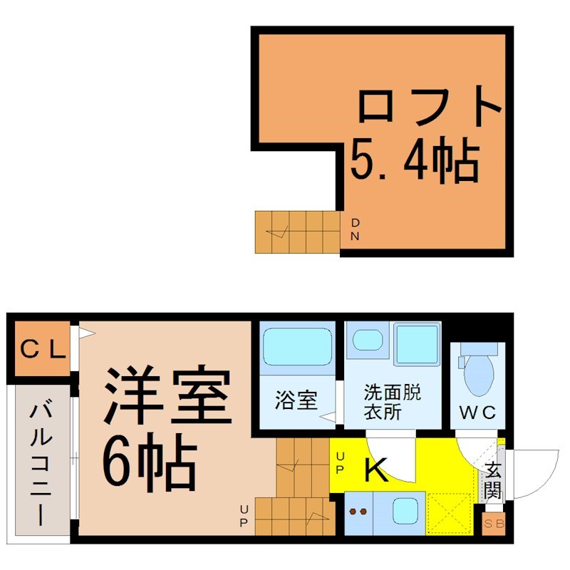 コンフォートうたたね 間取図　洋室6帖　ロフト5.4帖　脱衣洗面所　バルコニー