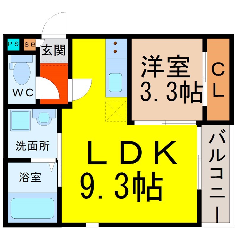 Grandtic Libra浅間町（グランティックリブラ浅間町） 間取り　ＬＤＫ9.3帖　洋室3.3帖　ルーフバルコニー
