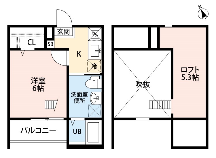 HACK HOUSE長良町（ハックハウス長良町） 間取図　洋室6帖　ロフト5.3帖　脱衣洗面所　バルコニー
