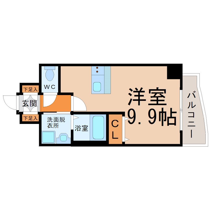 プレサンス上前津リラクシア  間取図　洋室9.9帖　脱衣洗面所　バルコニー
