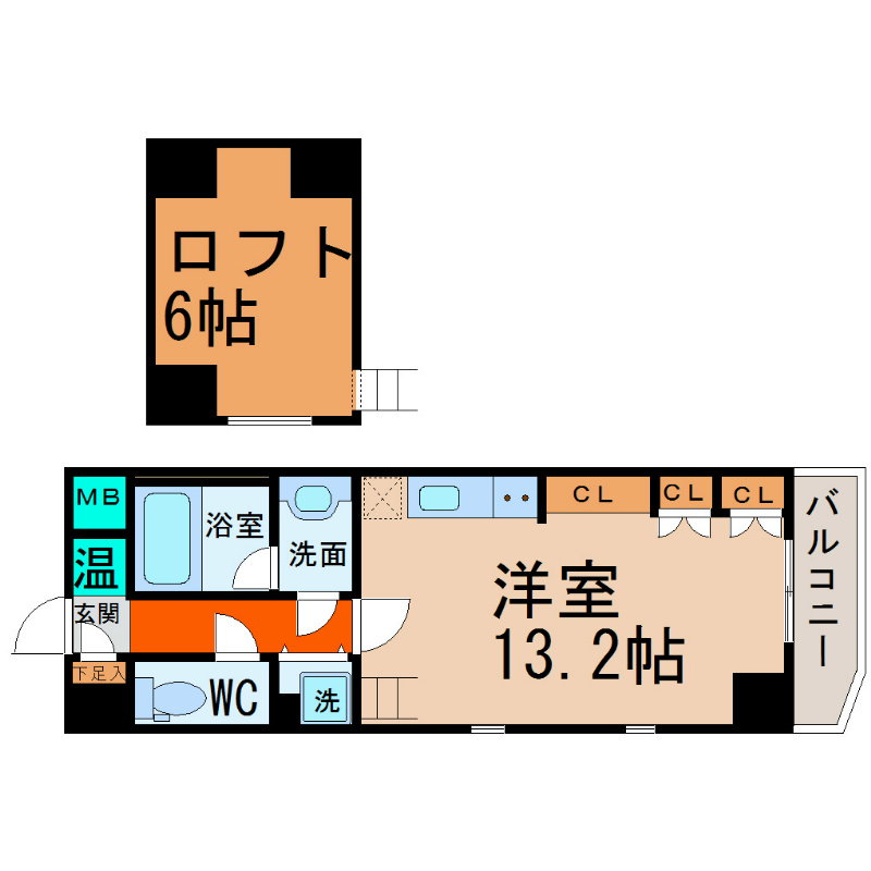 Ａｄｄ　Ｗｉｓｔａｒｉａ　１（アドウィステリアワン） 間取図　洋室13.2帖　ロフト6帖　クローゼット　バルコニー