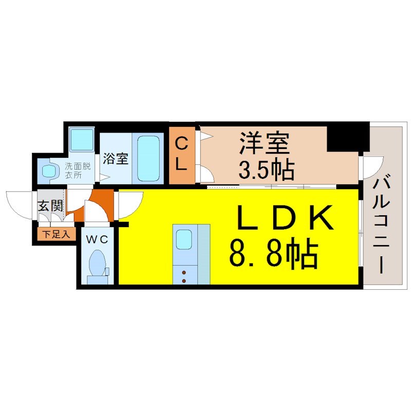 ファステート東別院シュプール 間取図　ＬＤＫ8.8帖　洋室3.5帖　脱衣洗面所