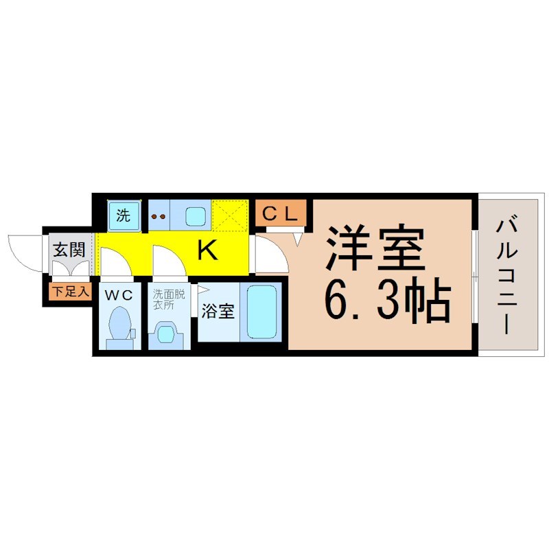 ファステート東別院シュプール 間取図　洋室6.3帖　脱衣洗面所　クローゼット付　バルコニー