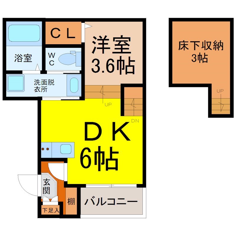 ハーモニーテラス中野本町II 間取図　ＤＫ6帖　洋室3.6帖　床下収納3帖