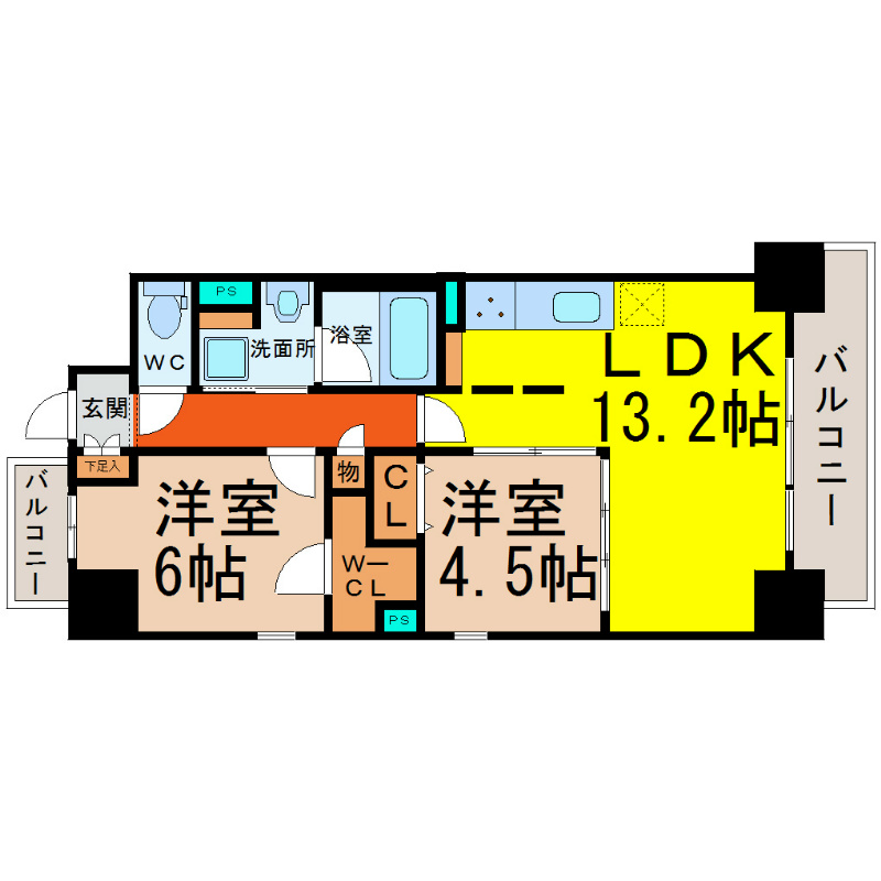 ＴｗｉｎＯｗｌｓ（ツインアウルズ） 間取図　ＬＤＫ13.2帖　脱衣洗面所　バルコニー