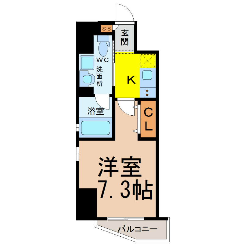 カレント今池 間取図　洋室7.3帖　脱衣所　独膣洗面台　バルコニー