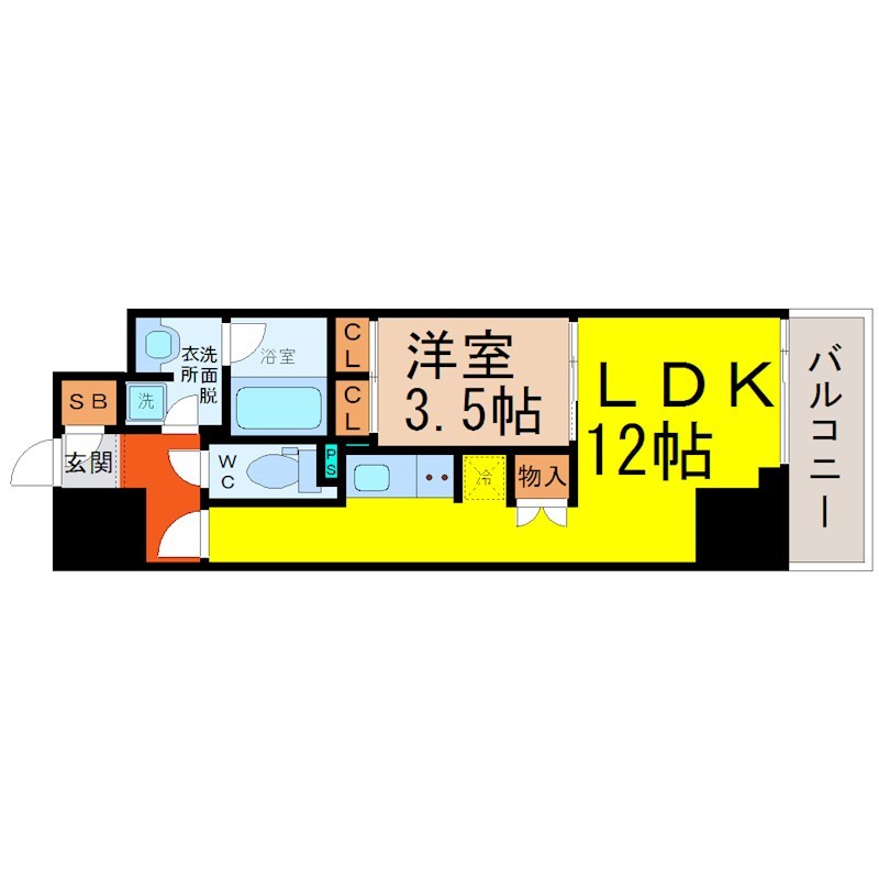 CORNES HOUSE NAGOYA（コーンズハウスナゴヤ） 間取図　ＬＤＫ12帖　洋室3.5帖　脱衣洗面所　バルコニー