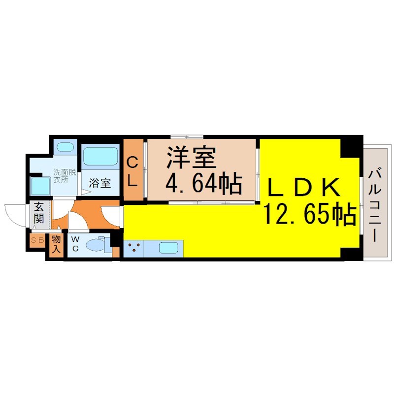 ＧＲＡＮＤＵＫＥ松原ｃｕｏｒｅ 間取図　ＬＤＫ12.65帖　洋室4.64帖　脱衣洗面所