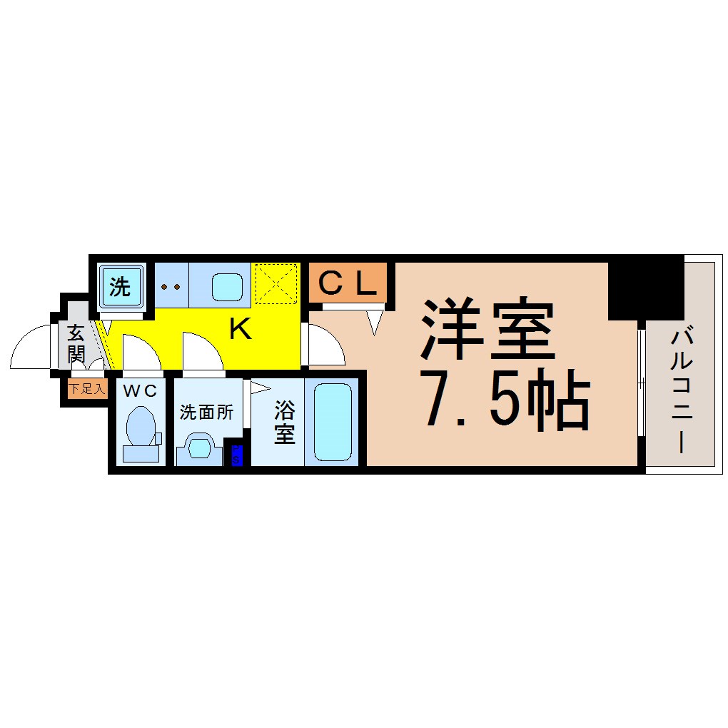 プレサンス上前津グレース 間取図　洋室7.5帖　脱衣洗面所　バルコニー