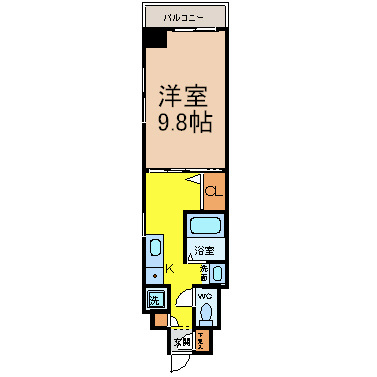 クレセール・サン 間取図　洋室9.8帖　独立洗面台　バルコニー