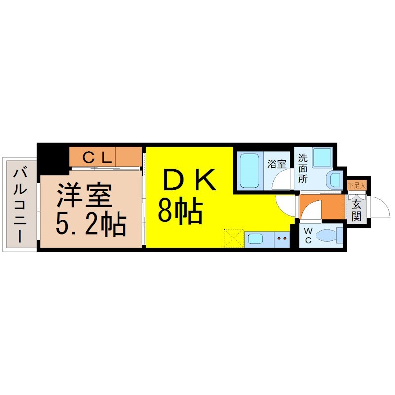 ランドハウスグランドウエスト 間取図　ＤＫ8帖　洋室5.2帖　脱衣洗面所　バルコニー