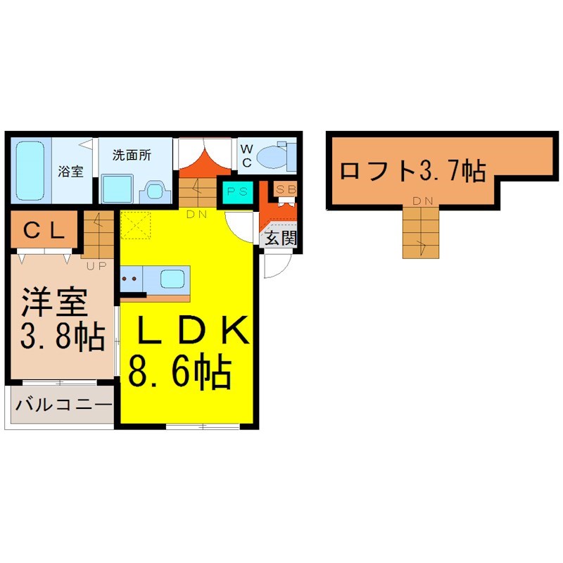 アークラヴィータ  間取図　ＬＤＫ8.6帖　洋室3.8帖　ロフト3.7帖