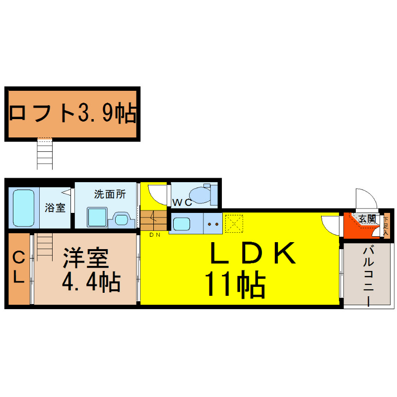 ハーモニーテラス上飯田北町 間取図　ＬＤＫ11帖　洋室4.4帖　ロフト3.9帖