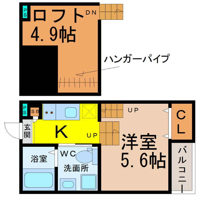 ｆｌｅｕｒａｇｅ（フルラージュ）  間取図　洋室5.6帖　ロフト4.9帖　脱衣洗面所