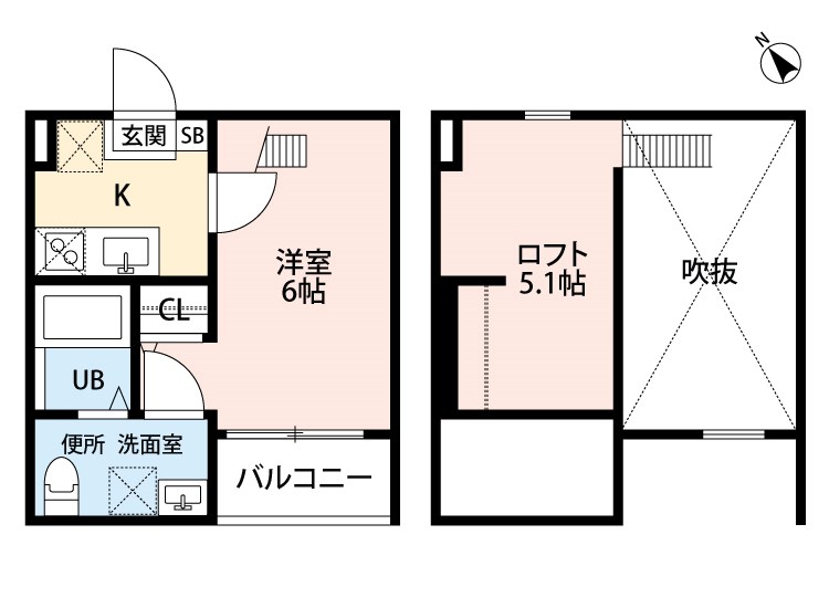Ｆｌｅｕｒ（フルール） 間取図　洋室6帖　ロフト5.1帖　脱衣洗面所　バルコニー