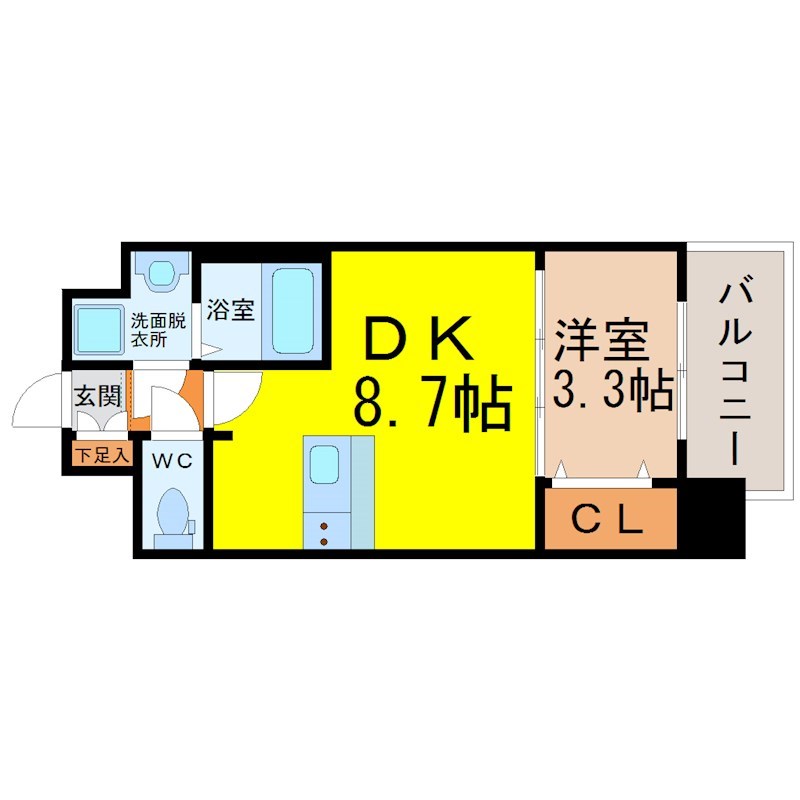 メイクスデザイン上前津 間取図　ＤＫ8.7帖　洋室3.3帖　脱衣洗面所　バルコニー
