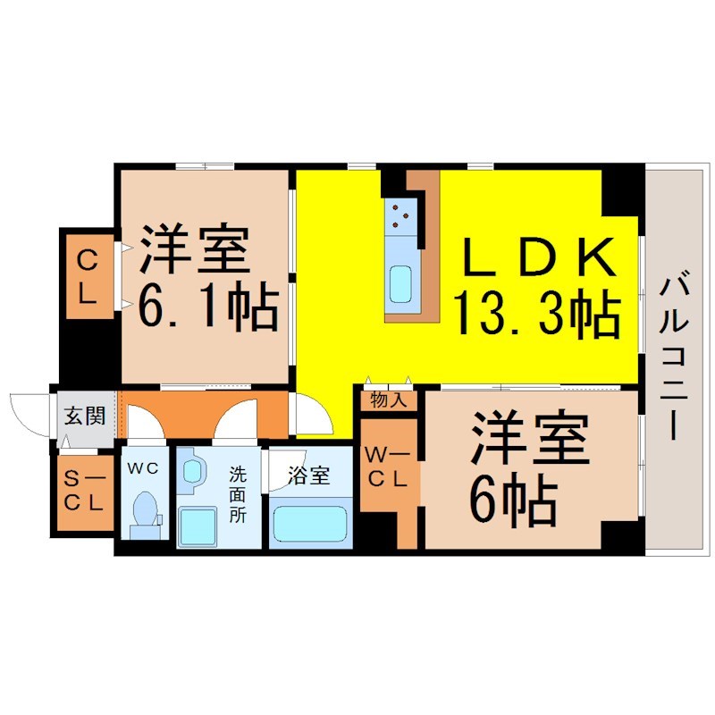 レジーナ鶴舞 間取図　ＬＤＫ13.3帖　脱衣洗面所　南面バルコニー
