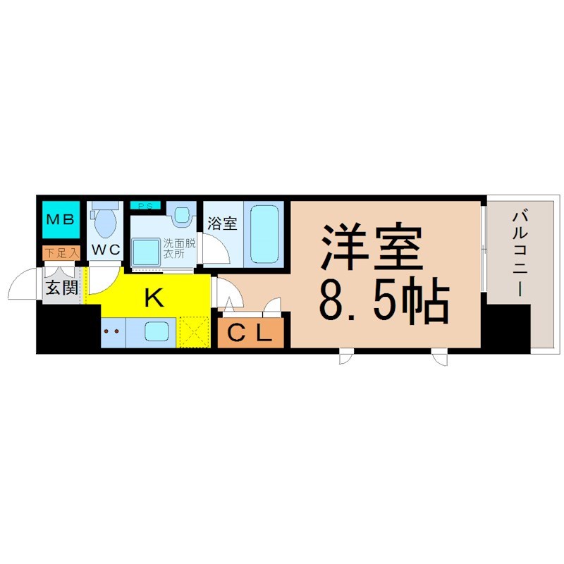 セレニティー大須 間取図　洋室8.5帖　脱衣洗面所　クローゼット付　バルコニー