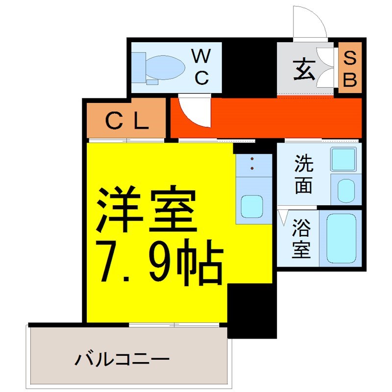 ＰＬＡＴＺ　ＴＡＣＨＩＢＡＮＡ（プラッツタチバナ） 間取図　洋室7.9帖　独立洗面台　バルコニー