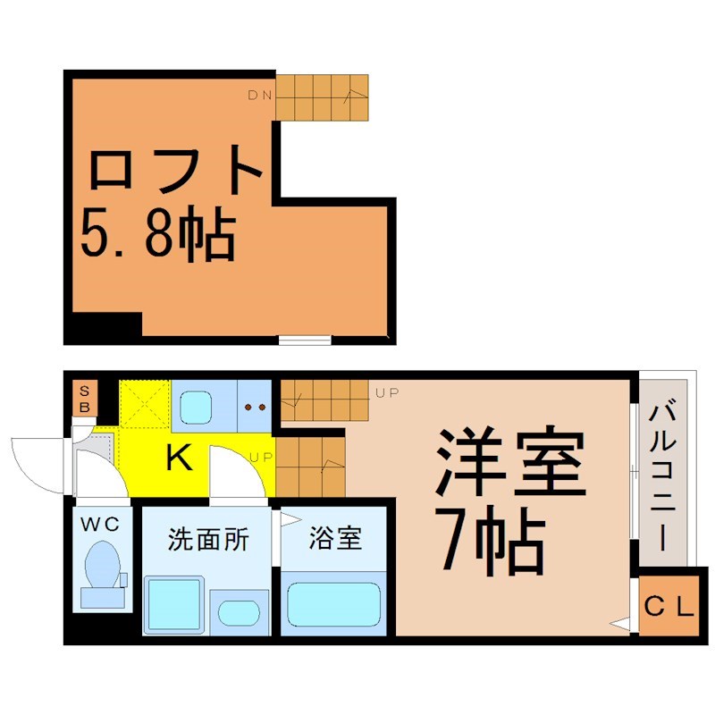 Ｖｉｌｌａ　Ｅｍｉｌｉａ 間取図　洋室7帖　ロフト5.8帖　脱衣洗面所　バルコニー