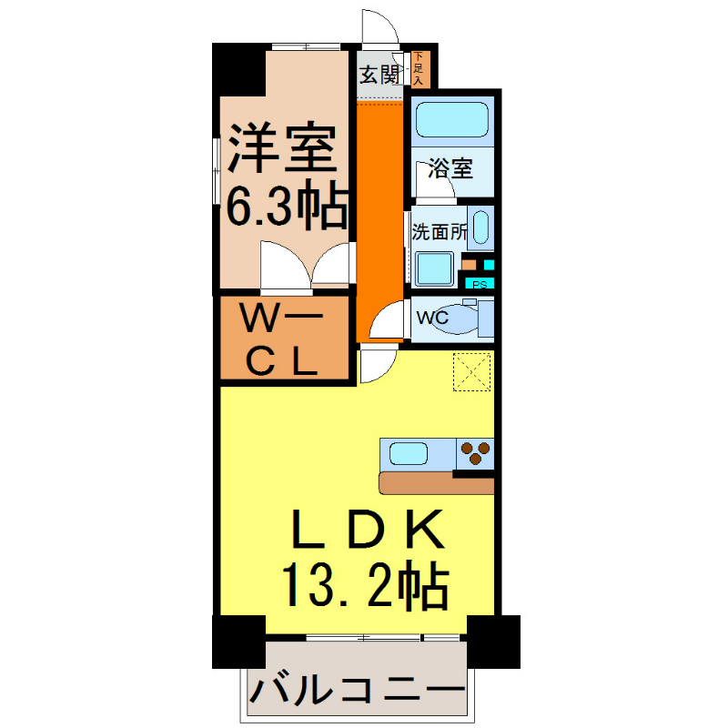 ムーランマグノリア 間取図　ＬＤＫ13.2帖　洋室6.3帖　カウンターキッチン