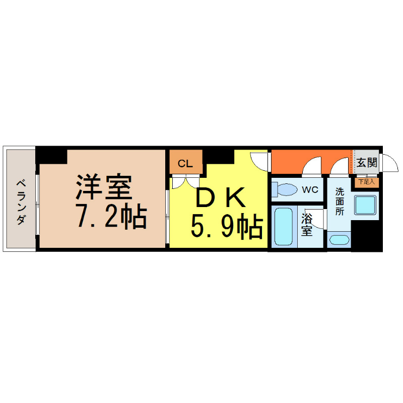 スタジオスクエア大須 間取図　洋室7.2帖　ＤＫ5.9帖　脱衣洗面所