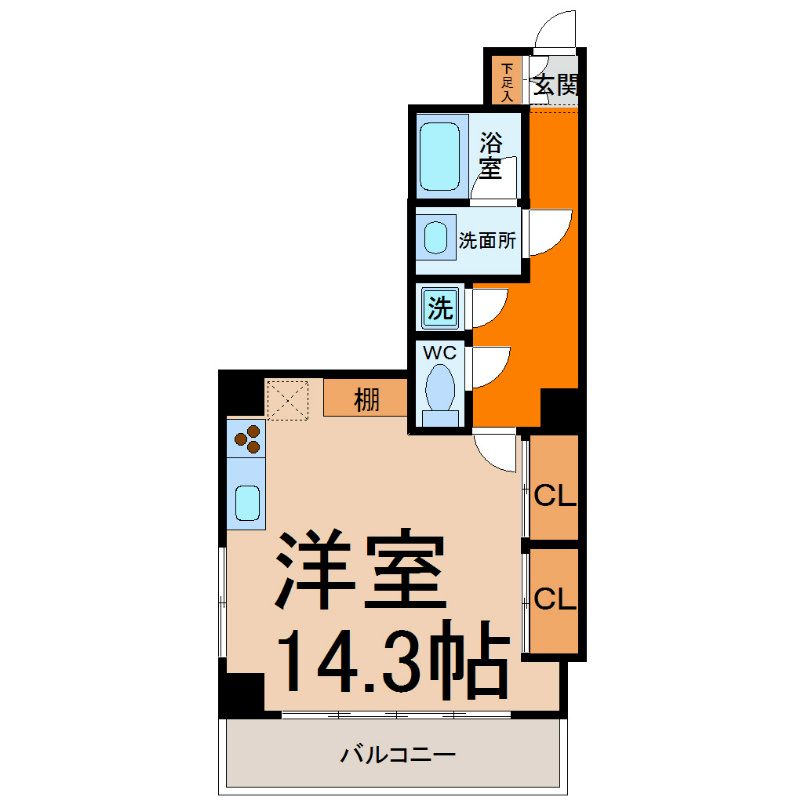 スタジオスクエア大須 間取図　洋室14.3帖　脱衣洗面所　バルコニー