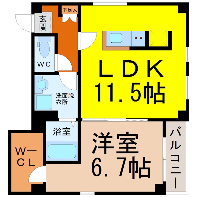 グランレーヴ金山 間取図　ＬＤＫ11.5帖　洋室6.7帖　脱衣洗面所