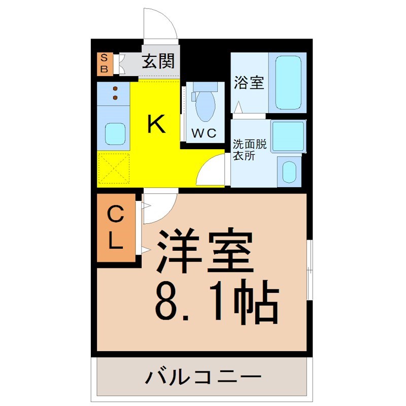 プリミエール東水切町Ｉ 間取図　洋室8.1帖　脱衣洗面所　バルコニー