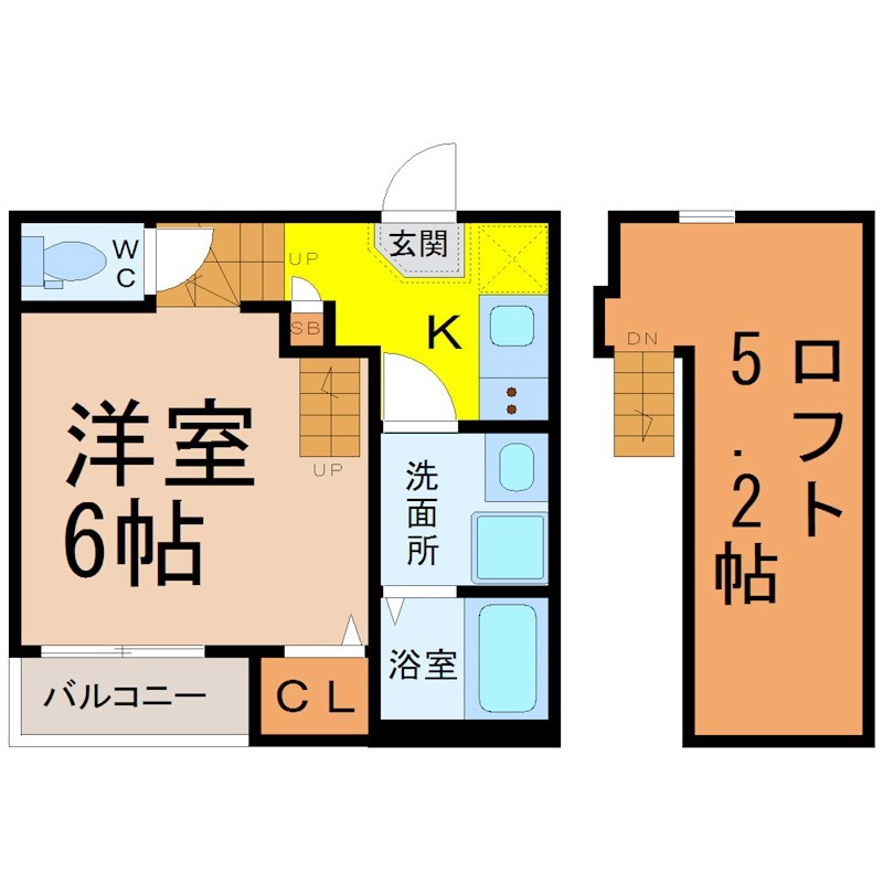 プランドール鶴舞 間取図　洋室6帖　ロフト5.2帖　脱衣洗面所　バルコニー