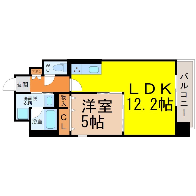 グラディアン大曽根 間取図　ＬＤＫ12.2帖　洋室5帖　脱衣洗面所　バルコニー