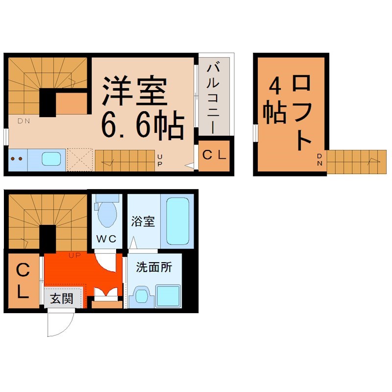 ハーモニーテラス楓 間取図　洋室6.6帖　ロフト4帖　脱衣洗面所　バルコニー