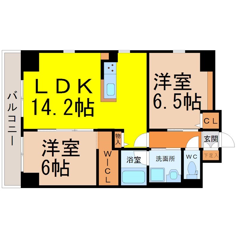 アルクス金山 間取図　ＬＤＫ14.2帖　脱衣洗面所　バルコニー