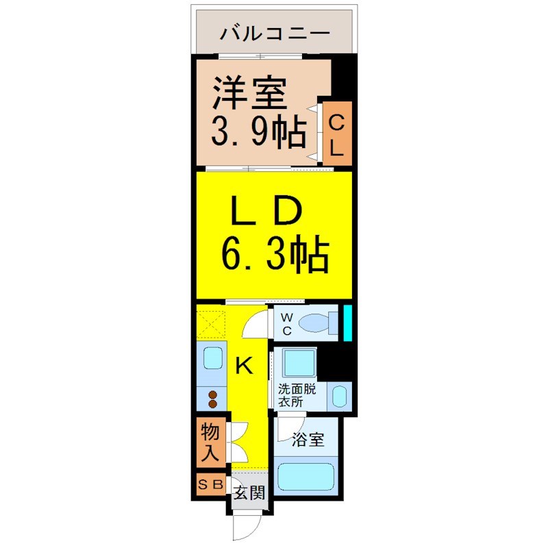 プライムアーバン上前津 間取図　ＬＤ6.3帖　洋室3.9帖　脱衣洗面所　バルコニー