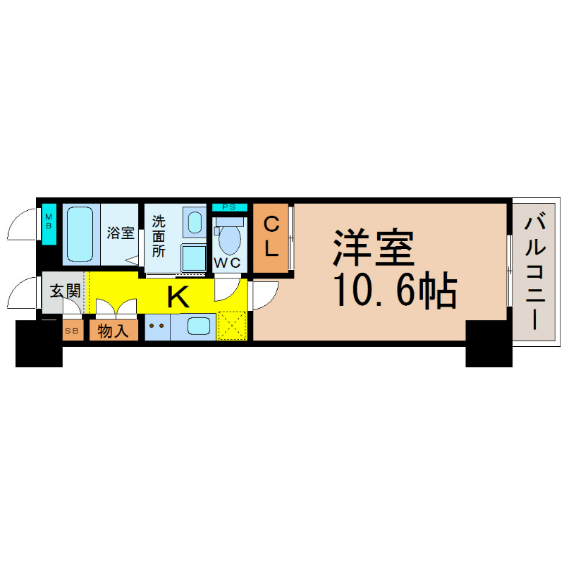 プライムアーバン上前津 間取図　洋室10.6帖　脱衣洗面所　クローゼット付