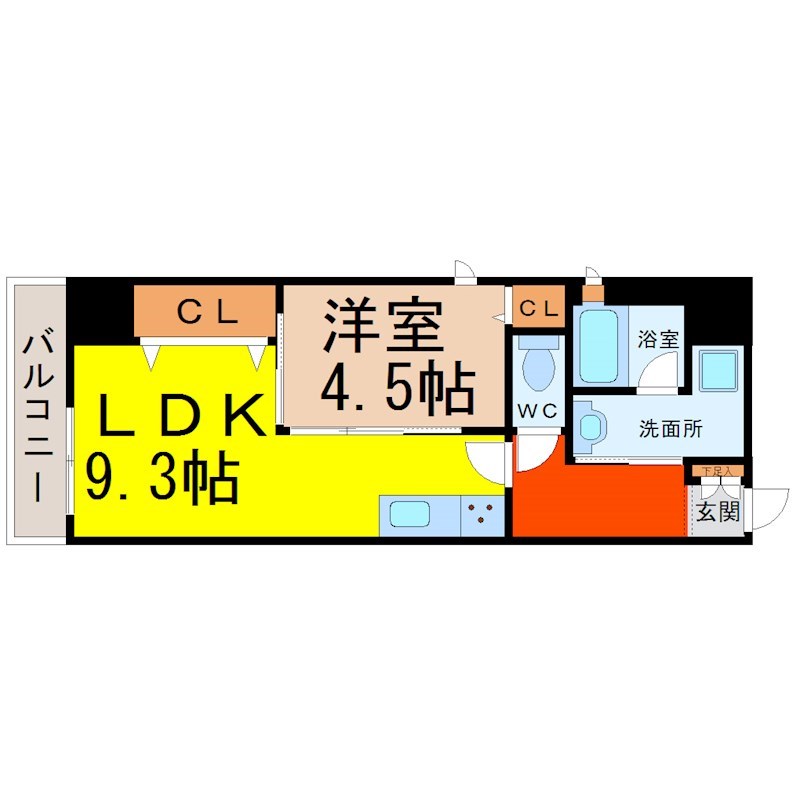 シャルール 間取り　ＬＤＫ9.3帖　洋室4.5帖　脱衣洗面所　バルコニー