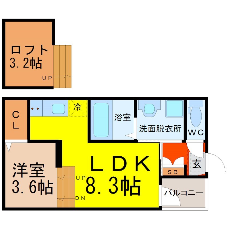 グレイス鶴舞 間取図　ＬＤＫ8.3帖　洋室3.6帖　アンダーロフト3.2帖
